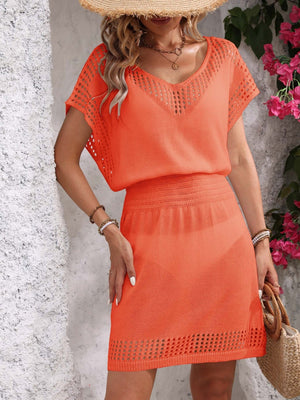 Orange mesh V-neck dress with smocked waist and crochet detail hem