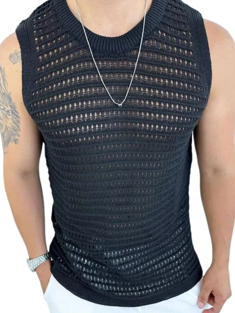 Black openwork knit tank top with crewneck and short sleeves, breathable acrylic blend.