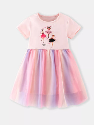 Toddler blush ballet dress with tulle skirt and ballerina graphic.