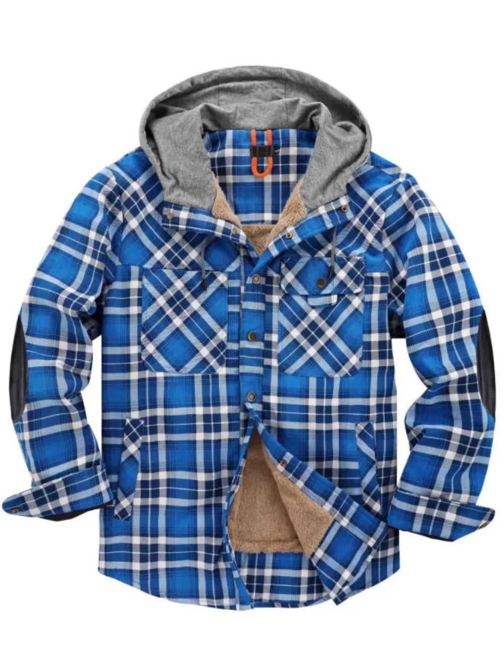 Men's blue plaid flannel hooded jacket with sherpa lining and elbow patches.