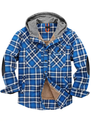 Men's blue plaid flannel hooded jacket with sherpa lining and elbow patches.