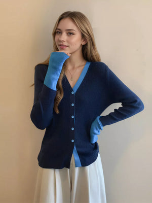 Navy ribbed cardigan with sky blue contrast trim and cuffs, buttoned front.