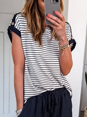 Black and white striped cotton blend tee with cuffed sleeves and button detail