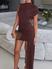 Brown asymmetrical mock neck ruched dress with a high slit