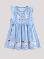 Blue striped cotton toddler dress with embroidered bunnies and flowers, ruffle sleeves.