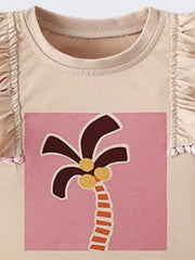 Baby tee with palm tree graphic, ruffle sleeves, and pink trim.