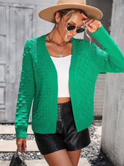Green acrylic knit cardigan with textured sleeves and open front.
