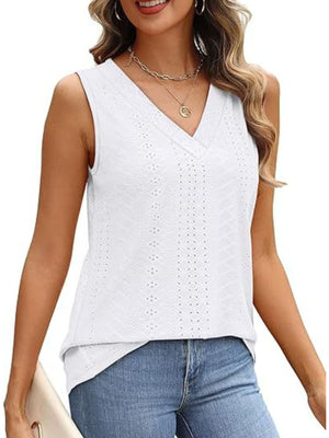White eyelet V-neck sleeveless tank top with a textured pattern.