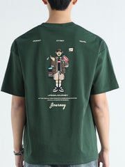 Men's dark green cotton t-shirt with graphic print and text details on the back.