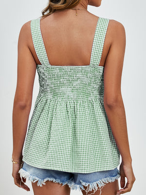 Light green gingham peplum tank top with smocked bodice and square neckline.