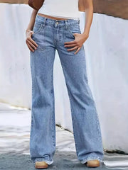 Tailored high-waisted wide-leg jeans in light wash denim with button fly and cargo pockets.