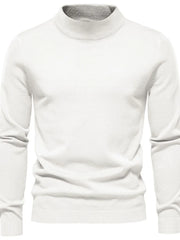 White ribbed mock neck sweater with sculpted shoulders and a classic fit.