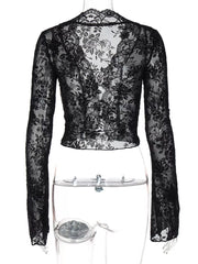 Black lace sheer sleeve t-shirt with floral pattern and V-neckline.