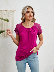 Hot pink polyester blouse with lace short sleeves and keyhole neckline