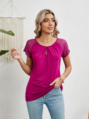 Hot pink polyester blouse with lace short sleeves and keyhole neckline