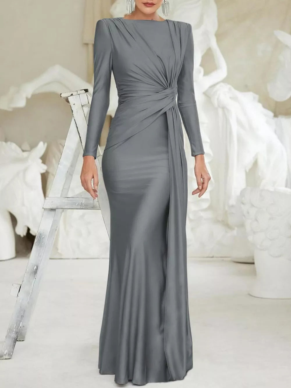 Gray ruched long sleeve maxi dress with boat neckline and draped detail