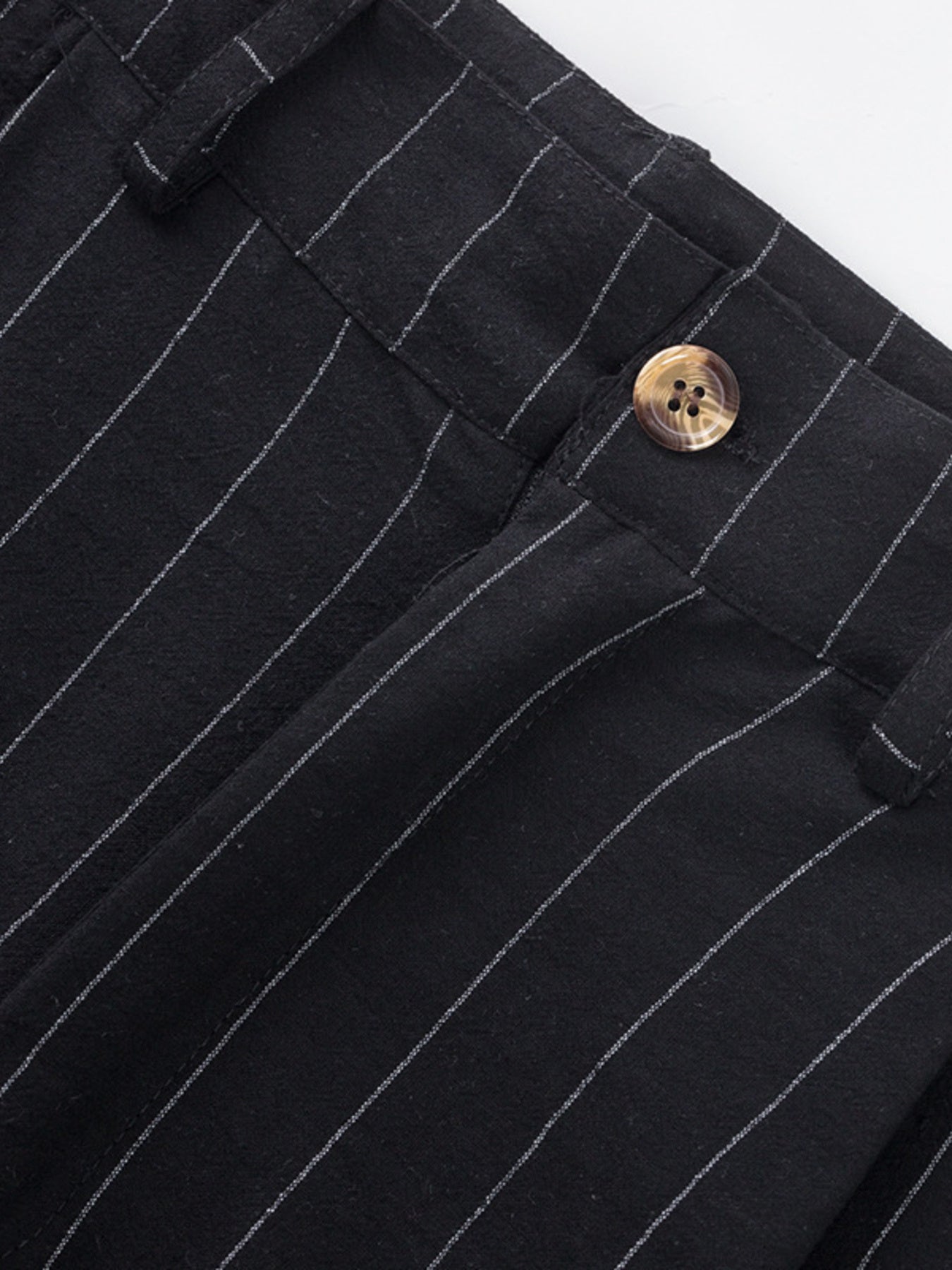 Black pinstripe sweatpants with a button closure and wide leg.