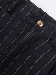 Black pinstripe sweatpants with a button closure and wide leg.