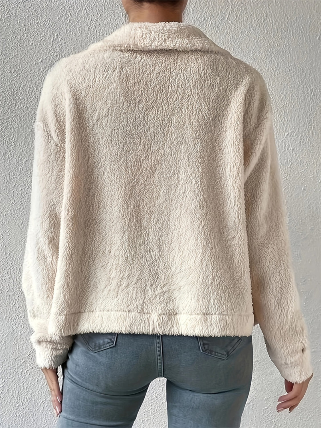 Beige teddy bear textured shacket with a collar and button front, shown from the back.