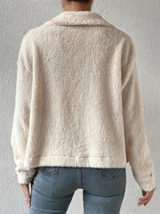 Beige teddy bear textured shacket with a collar and button front, shown from the back.
