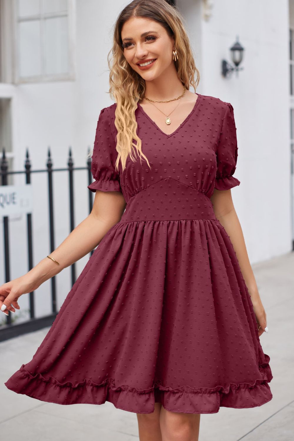 Burgundy textured dot puff sleeve fit-and-flare dress with ruffled hem