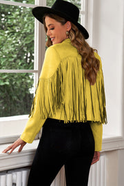 Chartreuse suede cropped western jacket with fringe detail.