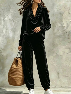 Cowl Neck Top And Joggers Set in Black, side view