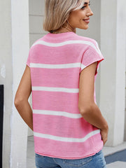 Pink and white striped knit tee with short sleeves and a vertical seam detail.
