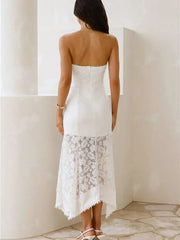 White lace strapless midi dress with floral overlay and scalloped hem
