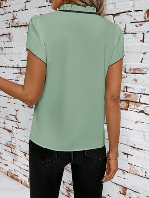Pastel Yellow frilled tie-neck maternity blouse with short sleeves and black trim.