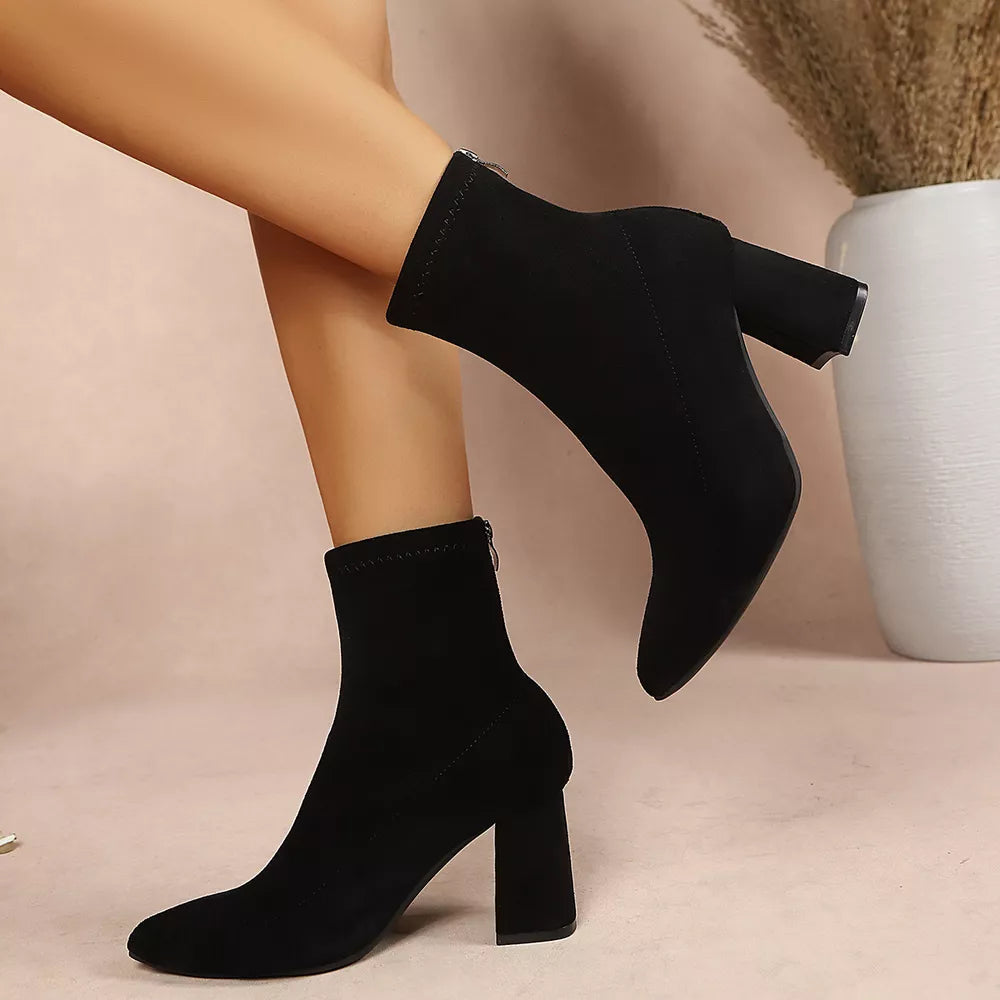 Point Toe Block Heel Ankle Boots in Black, product detail