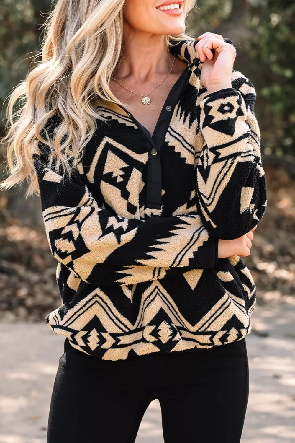Aztec Print Fleece Snap Down Sweatshirt in Black, side view