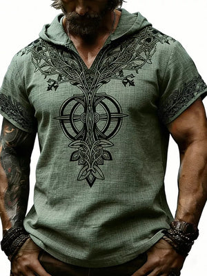 Men's Full Size Printed Hooded Short Sleeve Top in White, front view