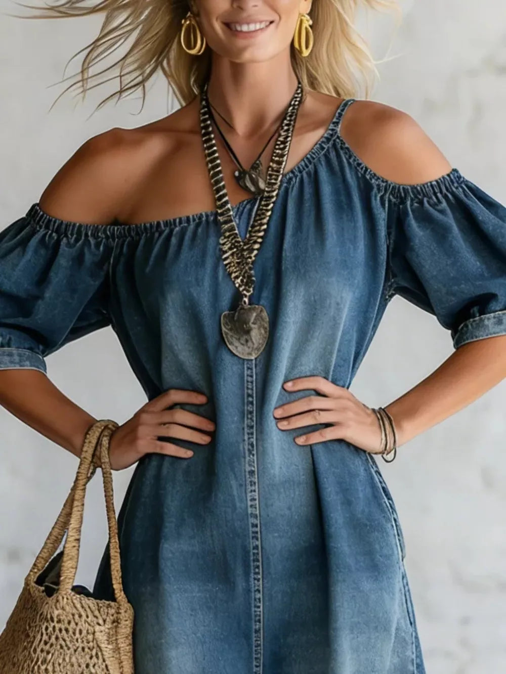 Asymmetrical Neck Denim Maxi Dress With Pockets in Light Blue, close-up detail
