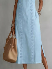 Sky blue sleeveless midi dress with geometric trim and pockets