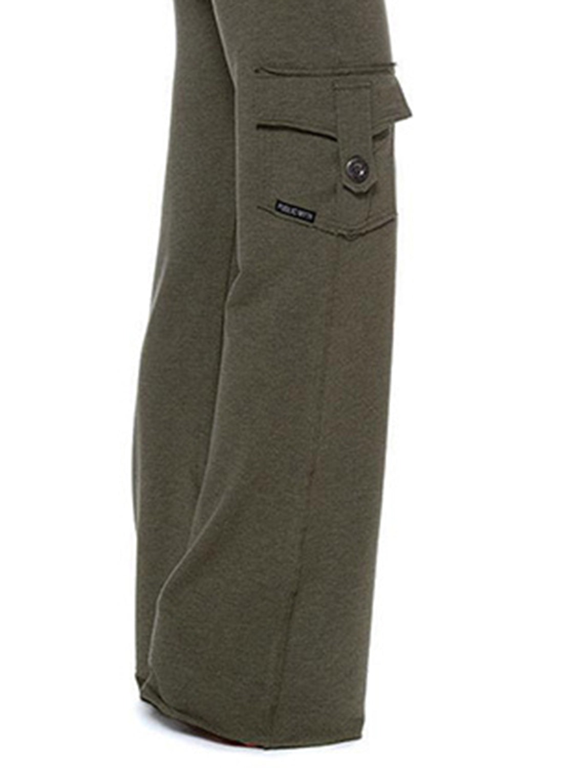 Army green wide-leg cargo pants with a button-flap pocket and drawstring waist detail.