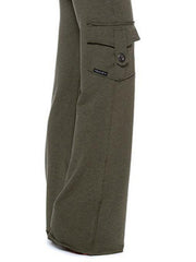 Army green wide-leg cargo pants with a button-flap pocket and drawstring waist detail.