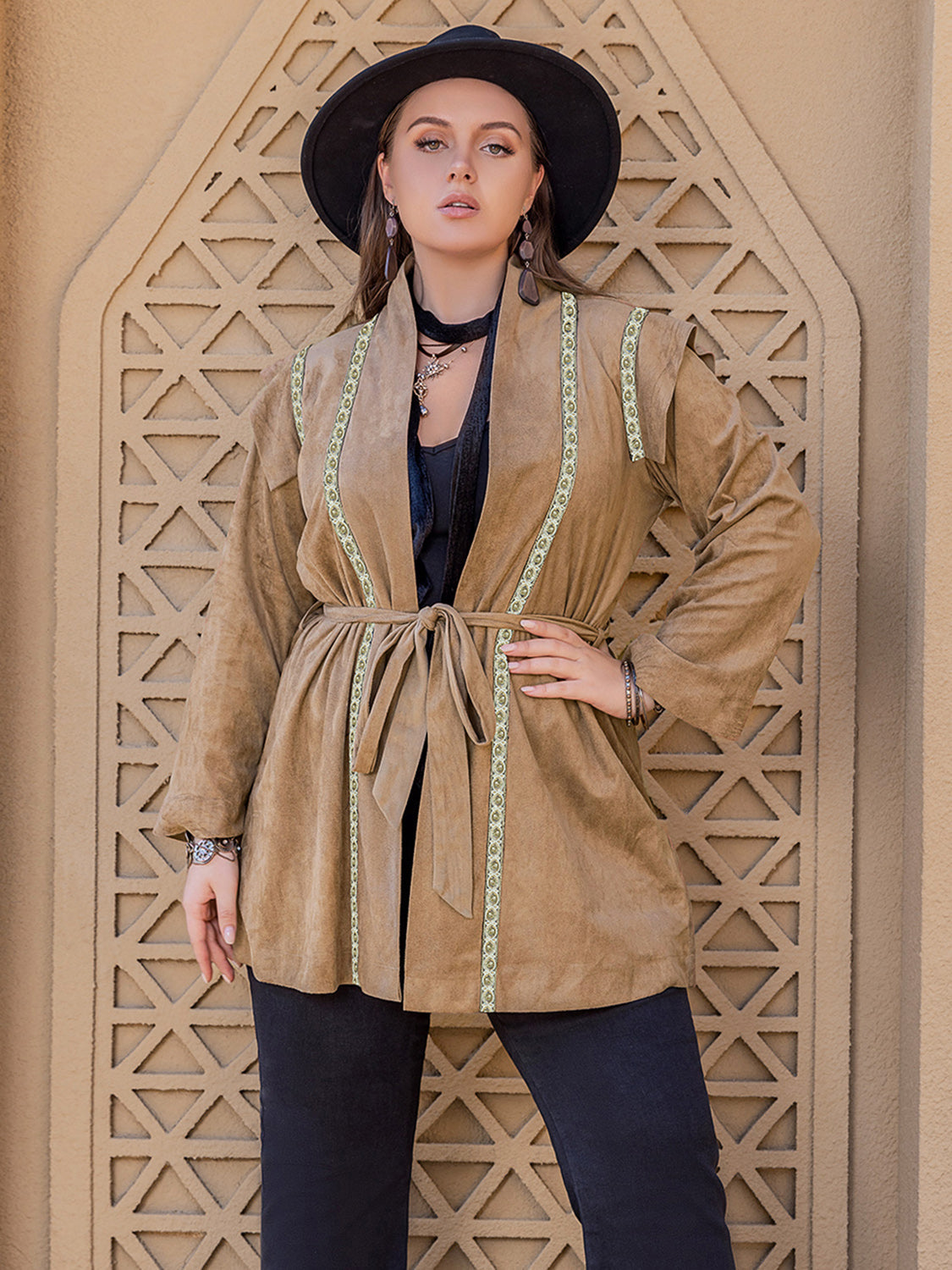 Camel suede wrap jacket with embroidered trim and belt