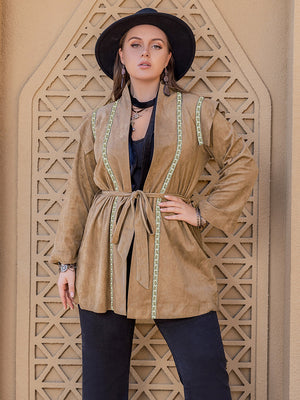 Camel suede wrap jacket with embroidered trim and belt
