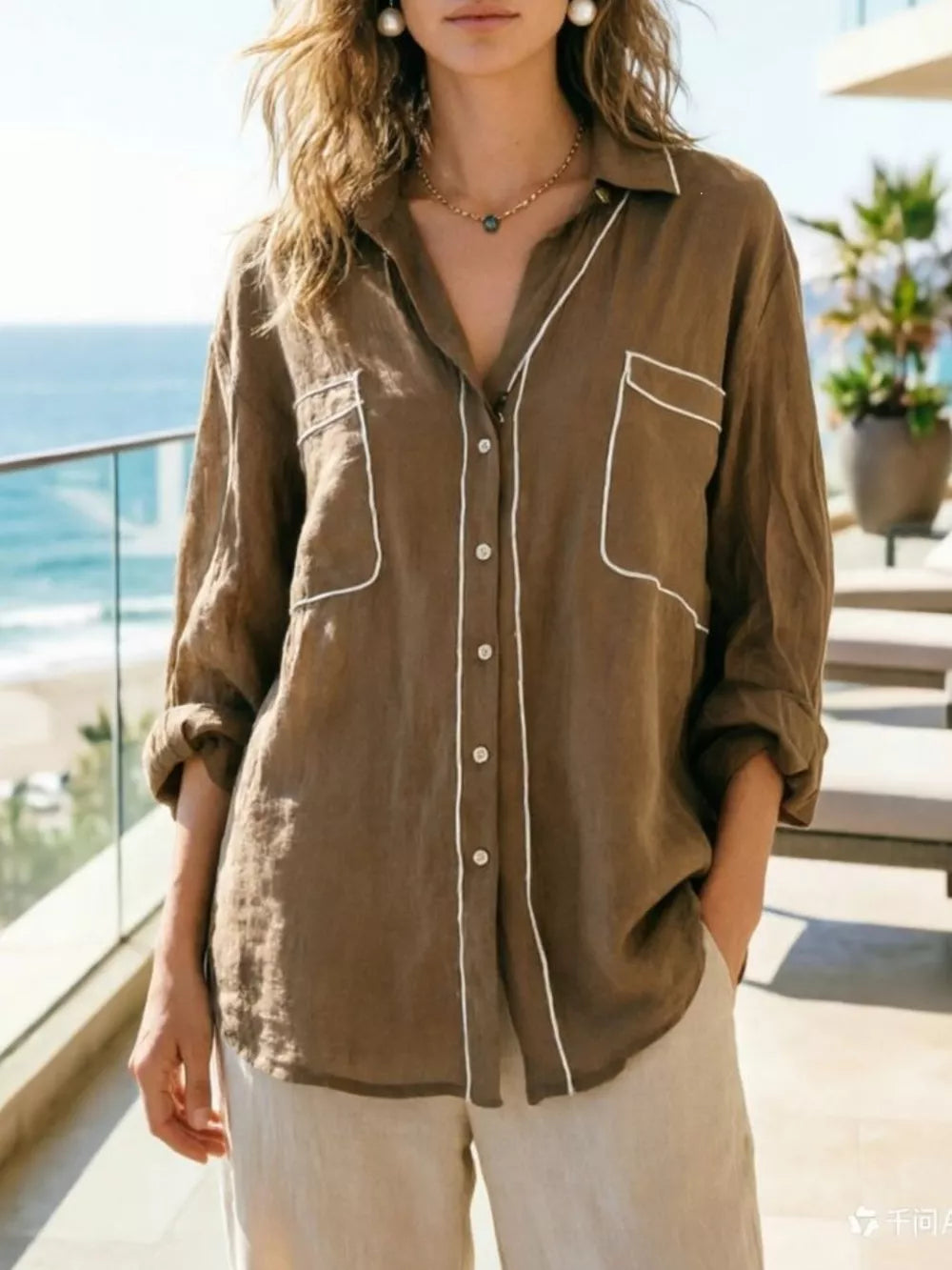 Chic Contrast Trim Long Sleeve Shirt