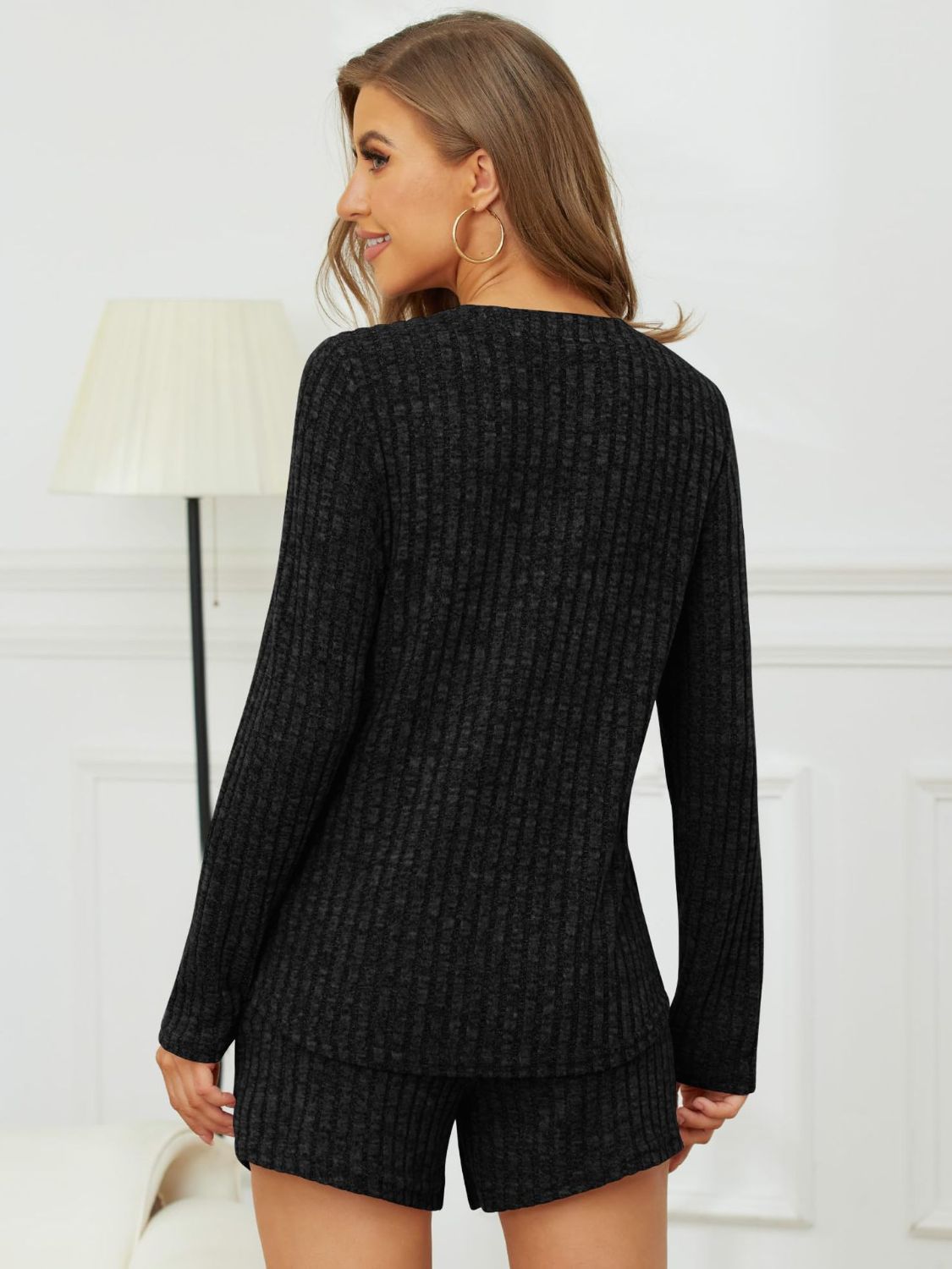 Henley ribbed lounge set in dark gray with long sleeves and shorts.