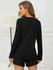 Henley ribbed lounge set in dark gray with long sleeves and shorts.