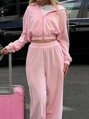 Dusty Pink cropped zip hoodie and wide leg sweatpants set