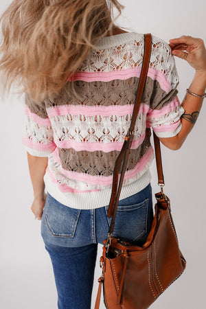 Striped openwork knit top with pink, taupe, and white stripes.