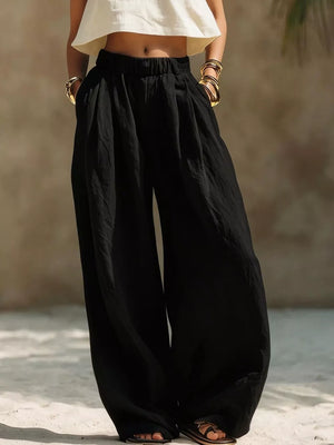 Full Size Elastic Waistband Wide Leg Pants in Beige, alternate angle
