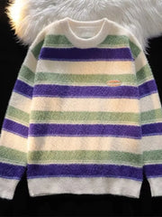 Men's fuzzy knit pullover sweater with colorful stripes and crew neck.