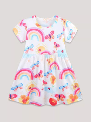 Toddler rainbow butterfly dress with short sleeves and a gathered waist.