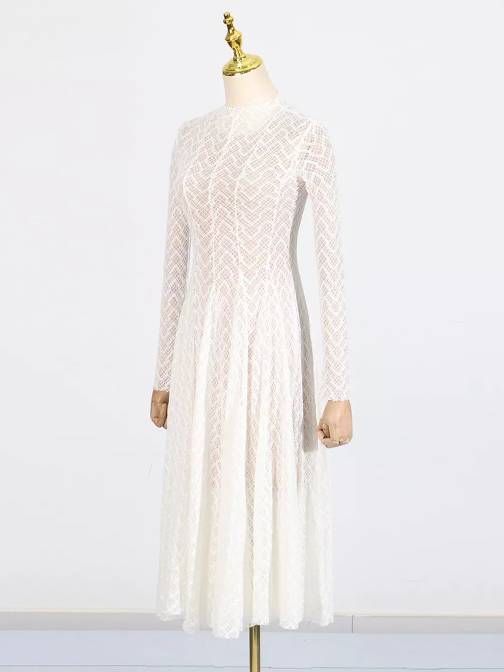 Elegant white lace maxi dress with mock neck and long sleeves