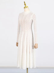 Elegant white lace maxi dress with mock neck and long sleeves