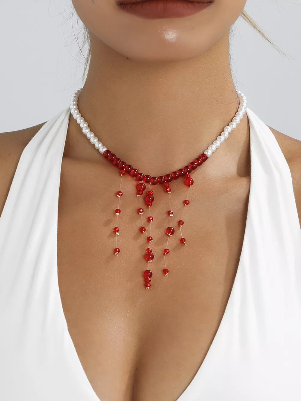 18k Gold-plated Synthetic Pearl Dangle Necklace in Deep Red, side view
